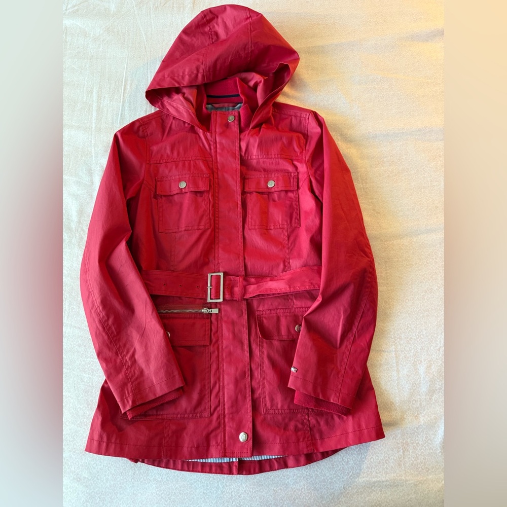 Tommy Hilfiger Red Hooded Jacket with Striped Lining